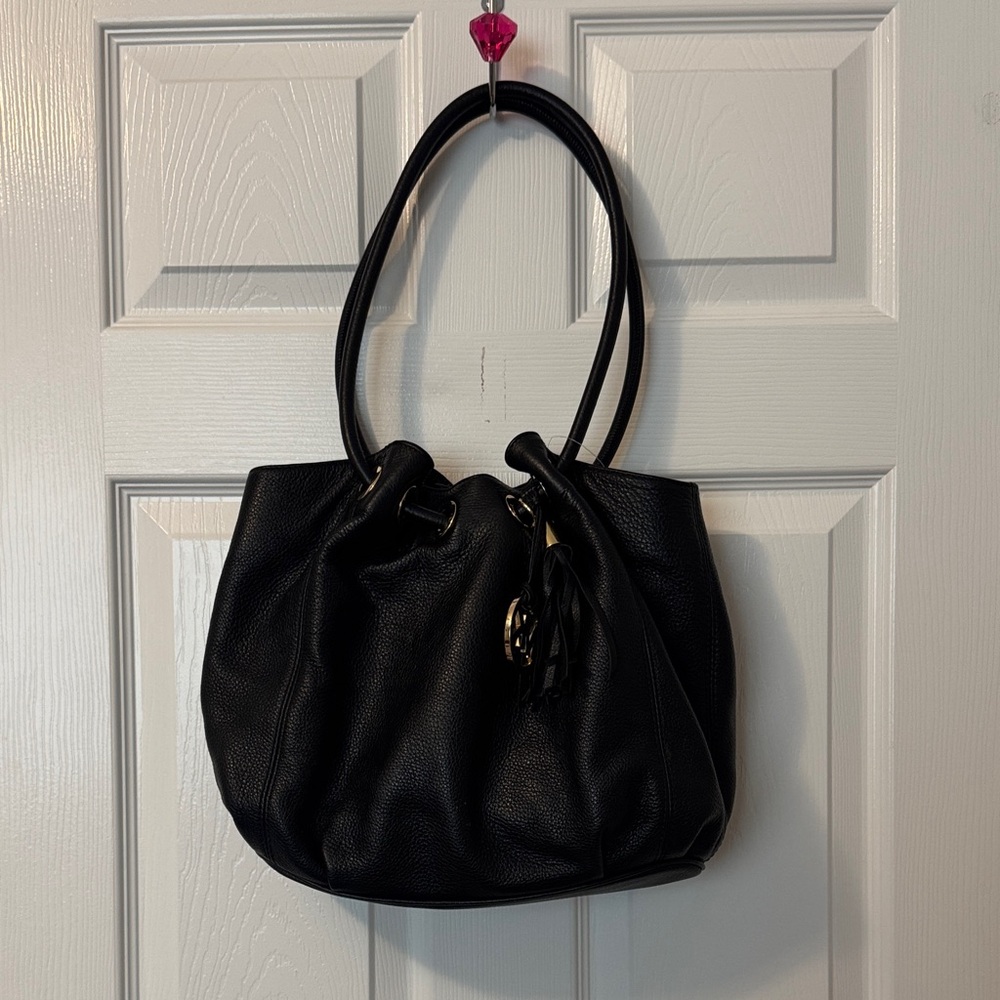 Michael Kors Medium East West Ring Tote in black leather with gold-tone hardware